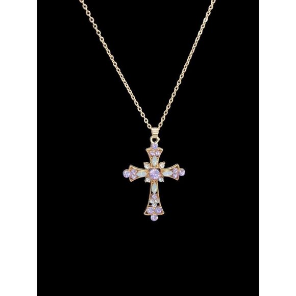 Sparkling Purple Rhinestone & Faux Opal Cross Pendant Necklace 19" Gold Plated - Picture 8 of 16